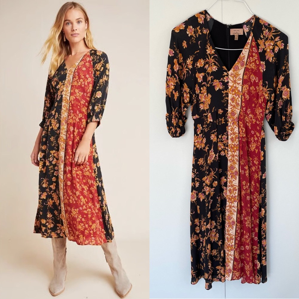 Anthropologie Black & Rust Red Floral Patchwork Maxi Dress
